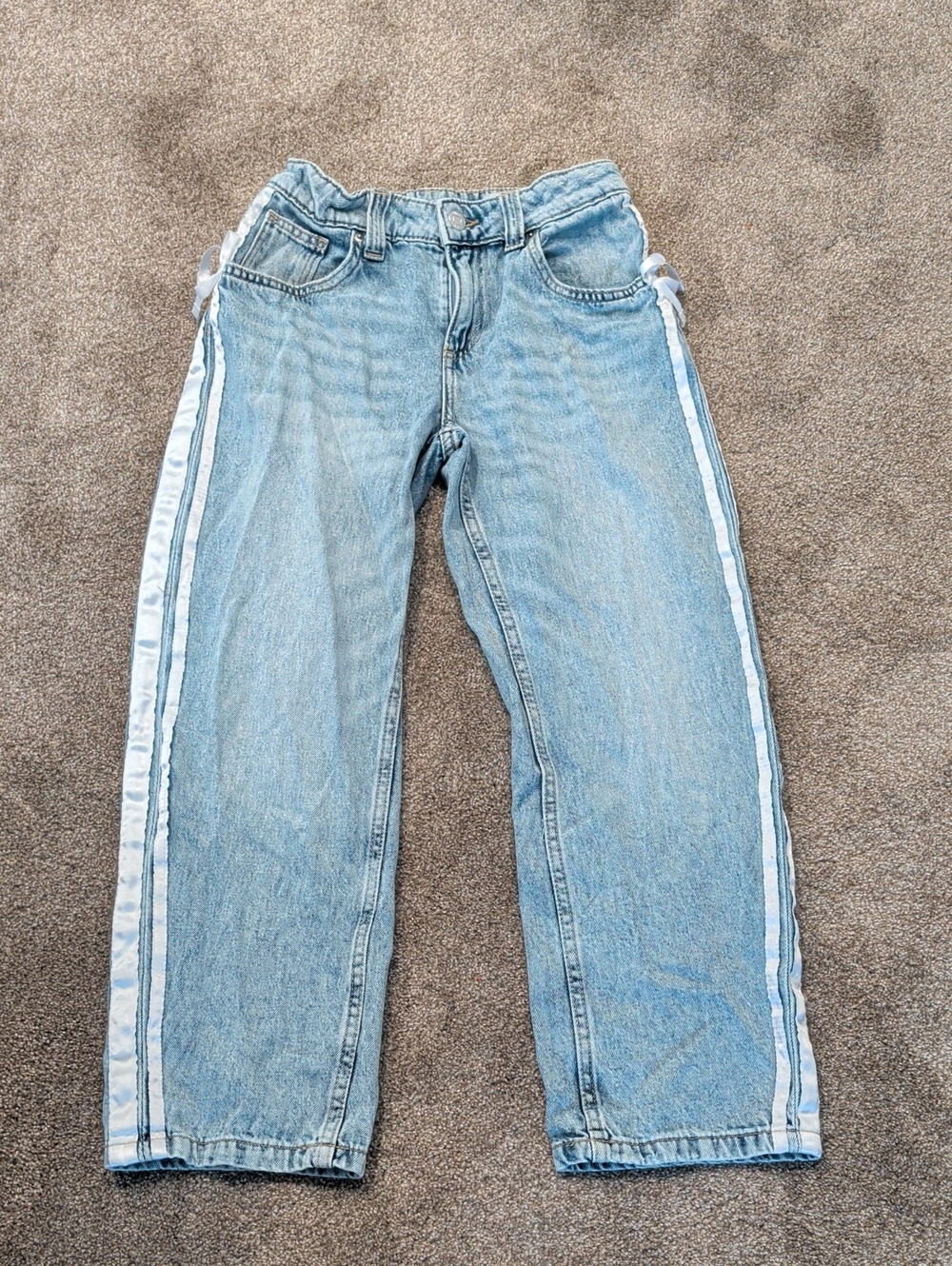 H&M Light Blue Straight-Leg Jeans with White Side Satin Stripe And Bow
